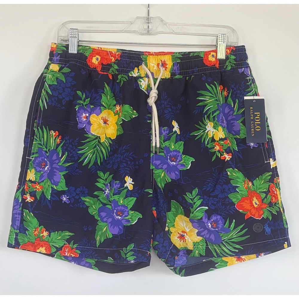 Polo Ralph Lauren Mens Floral Swim Trunks Navy Blue Hawaiian Shorts NWT Size M